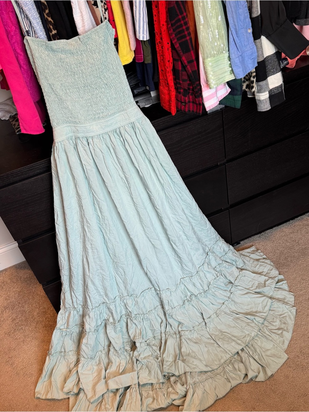Flowy Maxi Beach Dress Sage Green Smocked Strapless Small